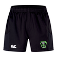Black Rock Rugby Advantage Rugby Shorts by Canterbury, featuring a white logo on the right leg and a green and black “Rock Rugby Lions” shield logo on the left leg.