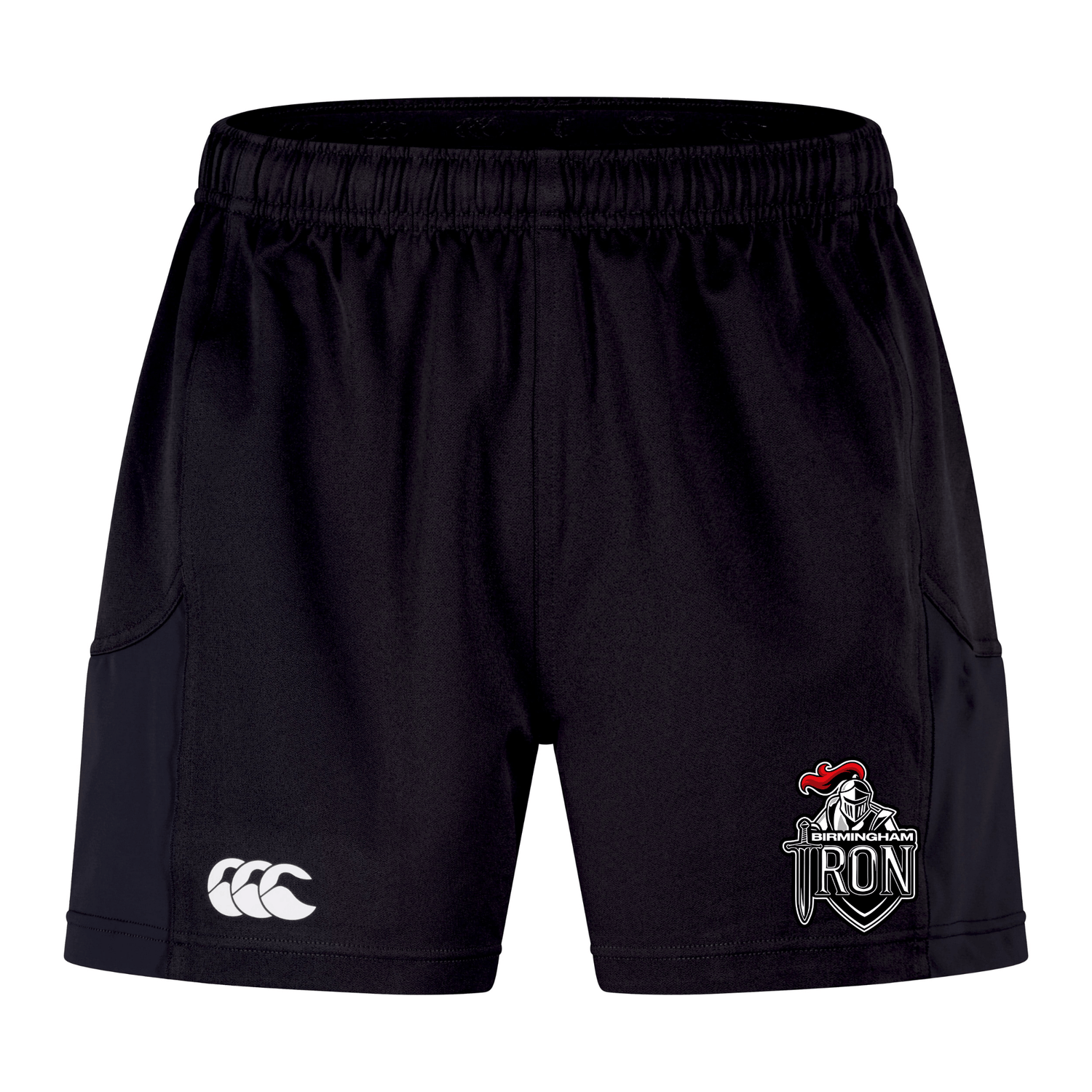 The EMB Canterbury Birmingham Iron Women's Football Advantage Short 2.0 features an elastic waistband, a white Canterbury logo on the left leg, and a "JRD" knight crest on the right leg.