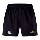 The Chicago Riot Advantage Short 2.0 by EMB Canterbury features an elastic waistband, Canterbury logo on the left leg, Chicago Riot crest on the right, and is made from recycled athletic material for comfort and durability.