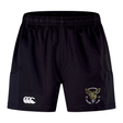 Hornets Rugby Club 1977 Advantage Short 2.0 by Canterbury—black performance sports shorts from EMB Canterbury, featuring an elastic waistband for comfort, a white Canterbury logo on the left leg, and a yellow and black Hornets Rugby Club crest on the right leg, designed for athletes who value both comfort and durability.