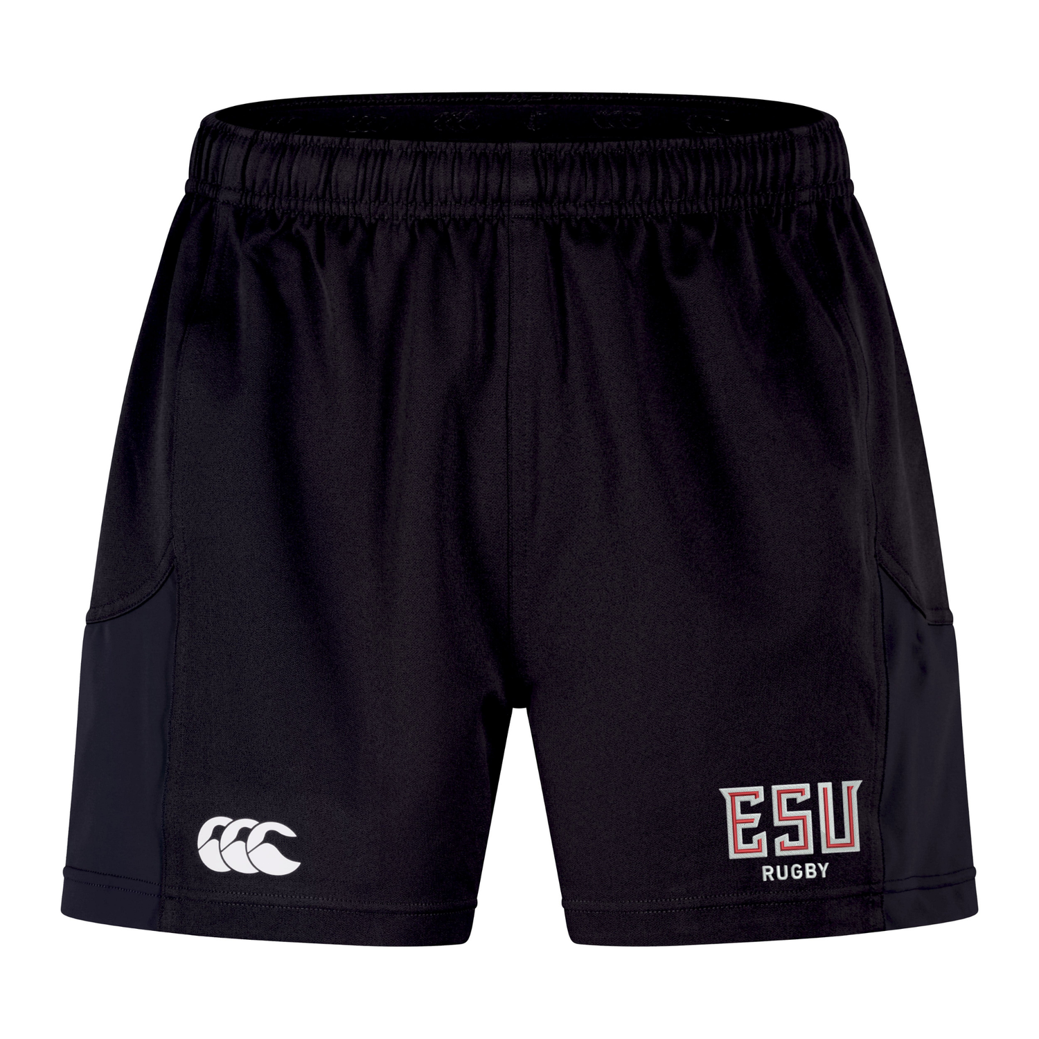 The East Stroudsburg University Advantage Short 2.0 by EMB Canterbury features an elastic waistband, Canterbury and ESU Rugby logos on the front, and is designed for comfort and durability.