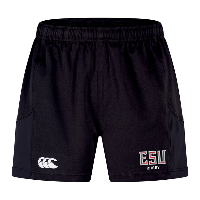The East Stroudsburg University Advantage Short 2.0 by EMB Canterbury features an elastic waistband, Canterbury and ESU Rugby logos on the front, and is designed for comfort and durability.