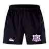 Western Carolina University Advantage Short 2.0 by Canterbury performance training shorts featuring a white logo on the right leg and a purple and white Western Carolina Rugby emblem on the left.