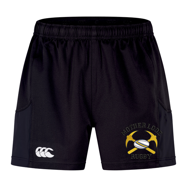 Black Mother Lode Advantage Rugby Shorts by Canterbury with an elastic waistband, featuring a white logo on the left leg and a yellow pickaxe emblem with a rugby ball on the right leg.