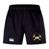 Black Mother Lode Advantage Rugby Shorts by Canterbury with an elastic waistband, featuring a white logo on the left leg and a yellow pickaxe emblem with a rugby ball on the right leg.