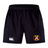 Potomac Exiles Rugby Club Advantage Short 2.0 by EMB Canterbury—black performance training shorts with an elastic waistband, featuring a white Canterbury logo on the left leg and a colorful Potomac Exiles crest with the letter "H" and "2014" on the right leg. These recycled athletic shorts are designed for durability and comfort in every workout.