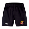 Potomac Exiles Rugby Club Advantage Short 2.0 by EMB Canterbury—black performance training shorts with an elastic waistband, featuring a white Canterbury logo on the left leg and a colorful Potomac Exiles crest with the letter "H" and "2014" on the right leg. These recycled athletic shorts are designed for durability and comfort in every workout.