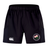 Introducing the Society of Iowa Rugby Referees Advantage Short 2.0 by EMB Canterbury—black athletic sports shorts featuring an elastic waistband, the white Canterbury logo on the left leg, and a circular floral crest patch on the right leg. Made with recycled materials for comfort and durability, these shorts are part of Canterbury’s Advantage 2.0 Short range.