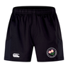 Introducing the Society of Iowa Rugby Referees Advantage Short 2.0 by EMB Canterbury—black athletic sports shorts featuring an elastic waistband, the white Canterbury logo on the left leg, and a circular floral crest patch on the right leg. Made with recycled materials for comfort and durability, these shorts are part of Canterbury’s Advantage 2.0 Short range.