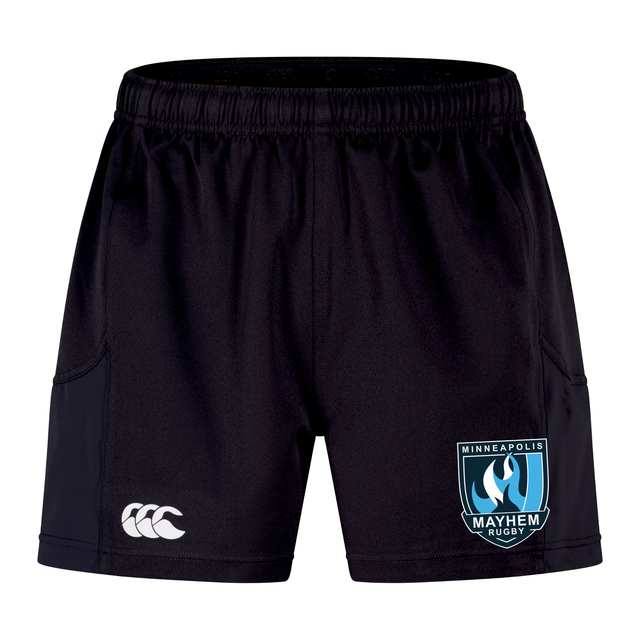 EMB Canterbury Minneapolis Mayhem Rugby Advantage Short 2.0—athletic shorts featuring an elastic waistband, Canterbury logo on the left leg, and Minneapolis Mayhem Rugby badge on the right leg—crafted as sustainable athletic wear designed for comfort and performance.