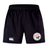 The Society of Iowa Rugby Referees Advantage Short 2.0 by EMB Canterbury features a black design with an elastic waistband, a white Canterbury logo on the left leg, and a circular embroidered Society of Iowa Rugby Referees crest on the right leg. These sustainable performance shorts blend style and comfort, making them perfect for any active routine.