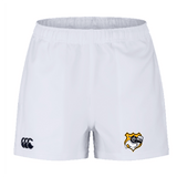Seattle Vikings Rugby Player's Drill Shorts by EMB Canterbury are crafted from recycled fabric, featuring a small logo with a tiger and fist on the lower right side, along with a black EMB Canterbury sports brand logo on the left. Ideal for those looking for durable sportswear that is both eco-friendly and stylish.