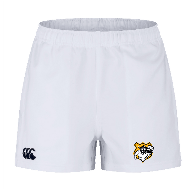 Seattle Vikings Rugby Player's Drill Shorts by EMB Canterbury are crafted from recycled fabric, featuring a small logo with a tiger and fist on the lower right side, along with a black EMB Canterbury sports brand logo on the left. Ideal for those looking for durable sportswear that is both eco-friendly and stylish.