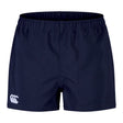 A pair of dark blue Canterbury Player's Drill Shorts, crafted from recycled fabric, features an elastic waistband and a white logo on the left leg.
