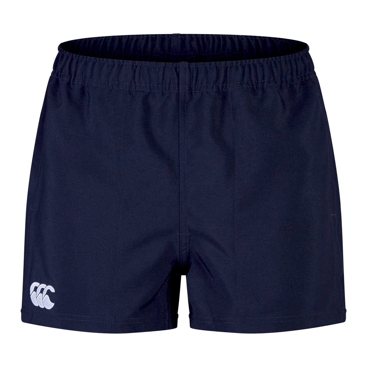 A pair of dark blue Canterbury Player's Drill Shorts, crafted from recycled fabric, features an elastic waistband and a white logo on the left leg.