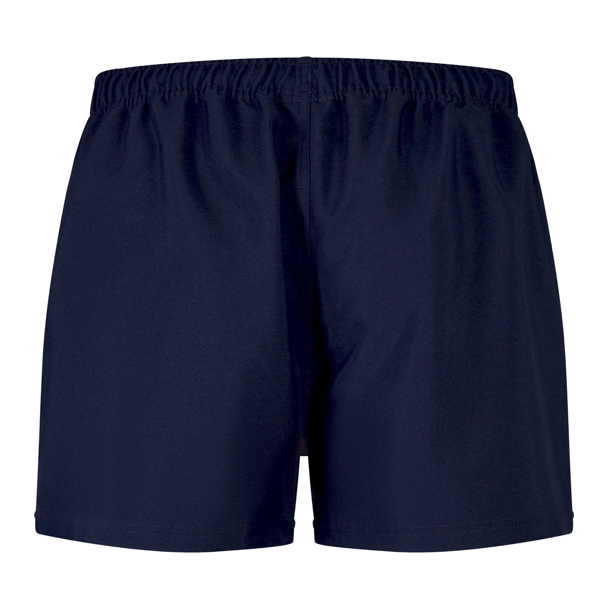 Close-up of a pair of dark blue Canterbury Player's Drill Shorts with an elastic waistband, displayed against a plain white background.