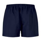 Close-up of a pair of dark blue Canterbury Player's Drill Shorts with an elastic waistband, displayed against a plain white background.