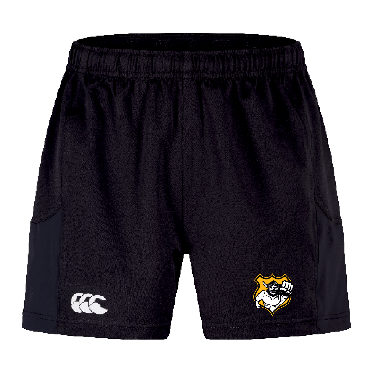 The Seattle Vikings Rugby Player's Drill Shorts by EMB Canterbury, part of our sustainable sportswear collection, showcase the Canterbury logo on the left and a crest on the right.