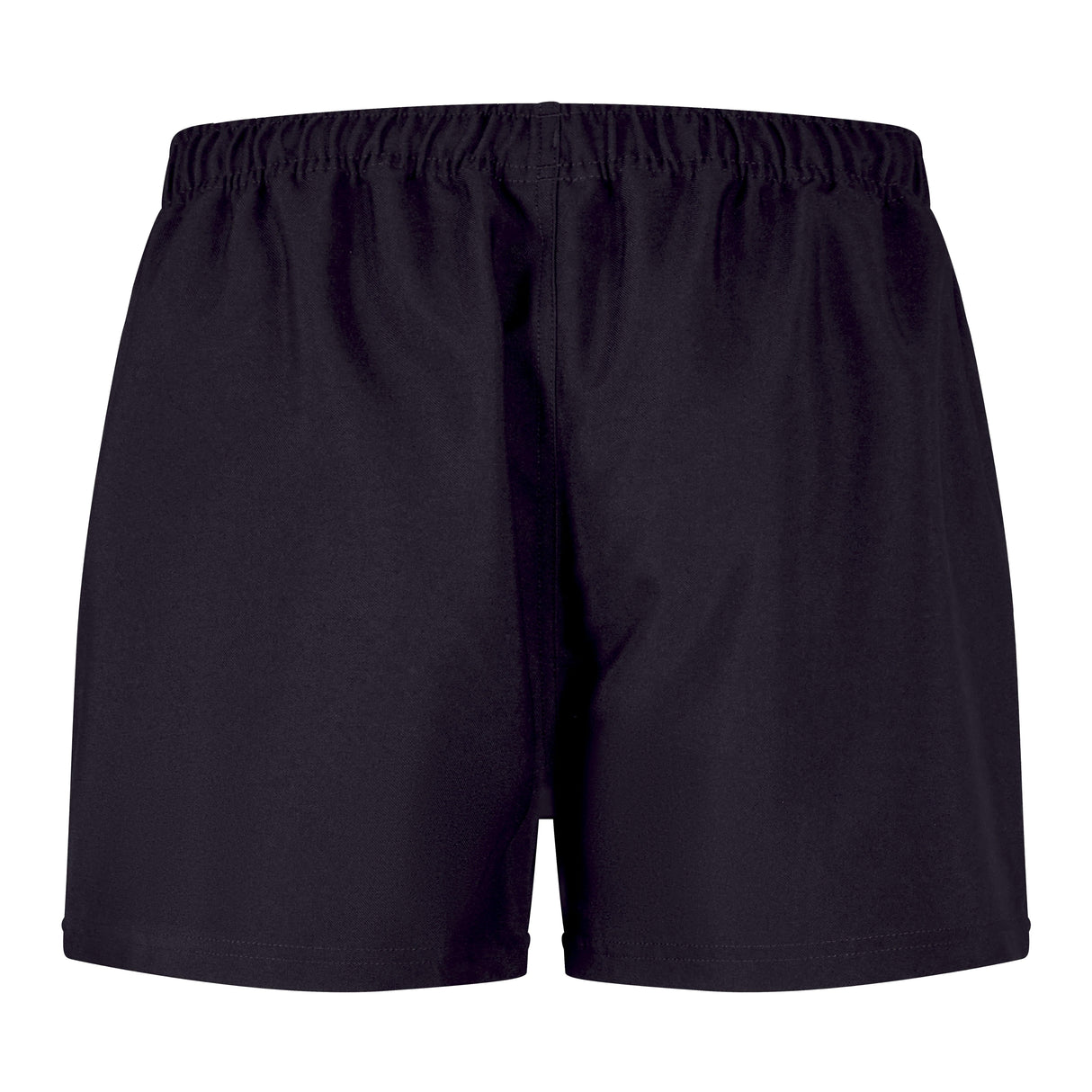 A back view of the Canterbury Player's Drill Short, showcasing its plain black design, elastic waistband, and eco-friendly recycled fabric for a sustainable choice.