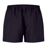 A back view of the Canterbury Player's Drill Short, showcasing its plain black design, elastic waistband, and eco-friendly recycled fabric for a sustainable choice.