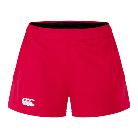 Women's Canterbury Advantage Short 2.0 by Canterbury are red athletic shorts featuring a white logo on the left leg, designed for peak performance and crafted with recycled materials for sustainability.