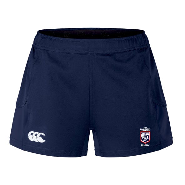 The Claremont Colleges Women's Advantage Short 2.0 by EMB Canterbury in navy blue features two front pockets and logos from both Canterbury and the Scottish Rugby Union, along with an internal waistband silicone gripper for enhanced performance and sustainability.