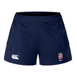 The Claremont Colleges Women's Advantage Short 2.0 by EMB Canterbury in navy blue features two front pockets and logos from both Canterbury and the Scottish Rugby Union, along with an internal waistband silicone gripper for enhanced performance and sustainability.
