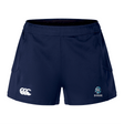 The Syracuse Silverbacks Women's Advantage Short 2.0 by EMB Canterbury, in navy blue, showcases a white logo on the left leg and a lion emblem on the right side. These sports shorts provide enhanced performance while highlighting sustainability.