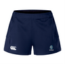 The Syracuse Silverbacks Women's Advantage Short 2.0 by EMB Canterbury, in navy blue, showcases a white logo on the left leg and a lion emblem on the right side. These sports shorts provide enhanced performance while highlighting sustainability.