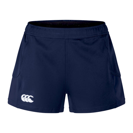 Front view of the Canterbury Women's Advantage Short 2.0 in navy blue features a left-side logo and is designed for performance with sustainable recycled materials.
