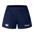 The USA Para Powerlifting Women's Advantage Short 2.0 by EMB Canterbury features navy blue sustainable design, with the Canterbury logo on the left leg and the USA Para Powerlifting logo on the right for peak performance training.