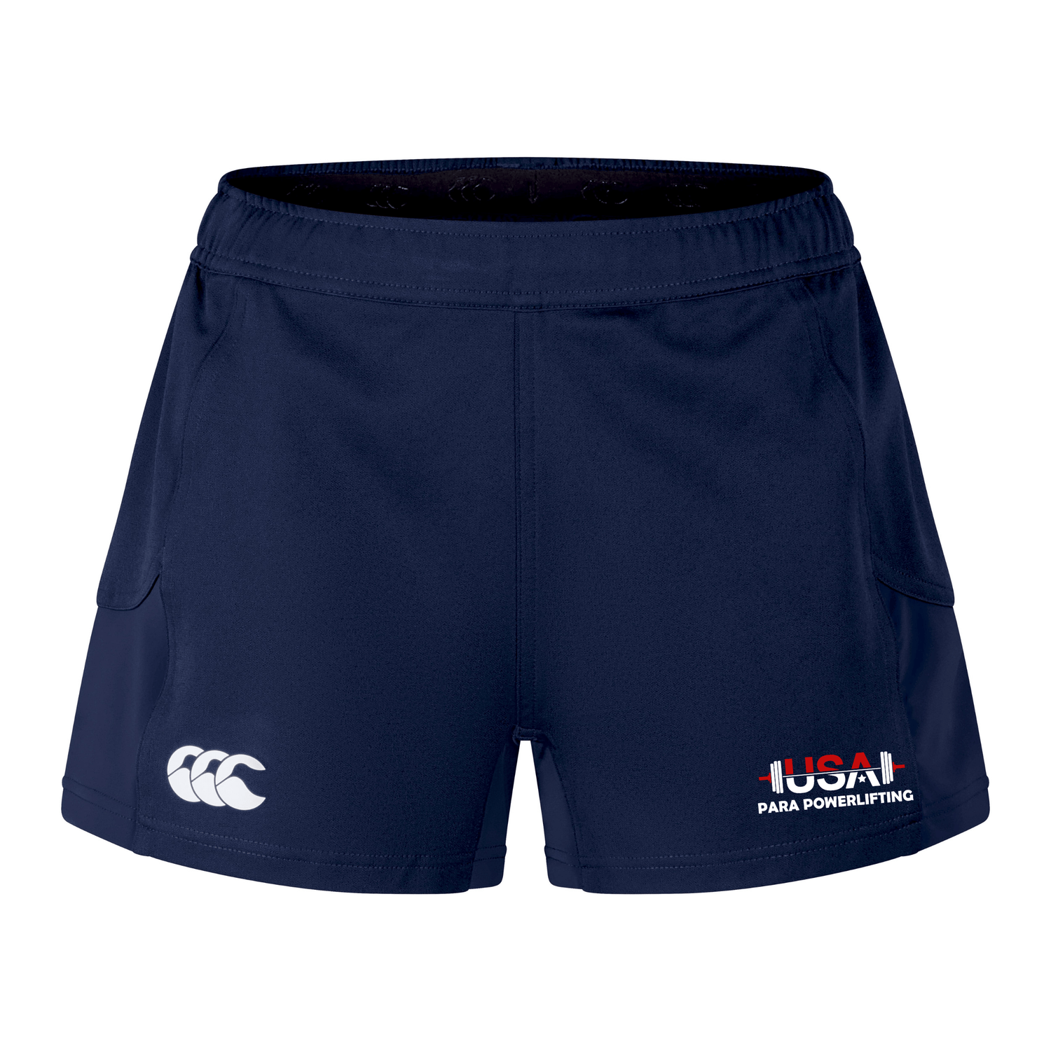 The USA Para Powerlifting Women's Advantage Short 2.0 by EMB Canterbury features navy blue sustainable design, with the Canterbury logo on the left leg and the USA Para Powerlifting logo on the right for peak performance training.