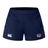 The Nebraska Rugby Referee Society Women's Advantage Short 2.0 by EMB Canterbury features navy blue recycled fabric, with the Canterbury logo on the left leg and Nebraska rugby logo on the right, designed for performance training.