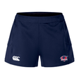 The Nebraska Rugby Referee Society Women's Advantage Short 2.0 by EMB Canterbury features navy blue recycled fabric, with the Canterbury logo on the left leg and Nebraska rugby logo on the right, designed for performance training.