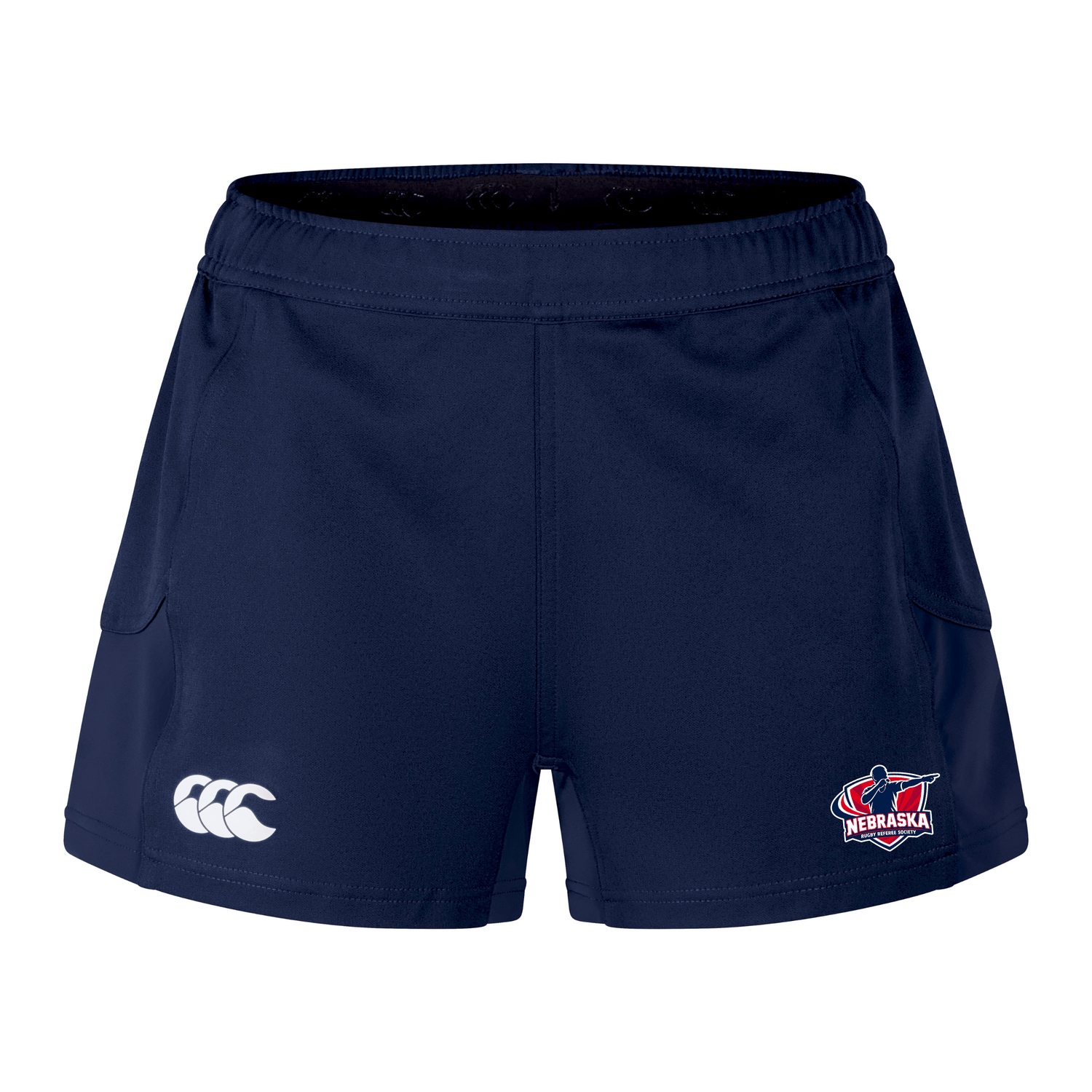The Nebraska Rugby Referee Society Women's Advantage Short 2.0 by EMB Canterbury features navy blue recycled fabric, with the Canterbury logo on the left leg and Nebraska rugby logo on the right, designed for performance training.