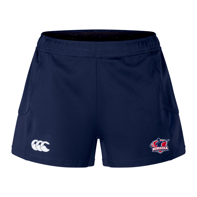 The Nebraska Rugby Referee Society Women's Advantage Short 2.0 by EMB Canterbury features navy blue recycled fabric, with the Canterbury logo on the left leg and Nebraska rugby logo on the right, designed for performance training.