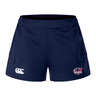 The Nebraska Rugby Referee Society Women's Advantage Short 2.0 by EMB Canterbury features navy blue recycled fabric, with the Canterbury logo on the left leg and Nebraska rugby logo on the right, designed for performance training.
