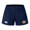The Old Man Rivah Rugby Women's Advantage Short 2.0 by EMB Canterbury features navy blue fabric, a white Canterbury logo on the left leg, and a gold and white crest on the right, designed for both performance and style.