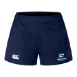 The EMB Canterbury NC Rugby Academy - Megalodons Women's Advantage Short 2.0 are navy blue sustainable rugby shorts with the Canterbury logo on the left leg and Megalodons Rugby Academy logo on the right.