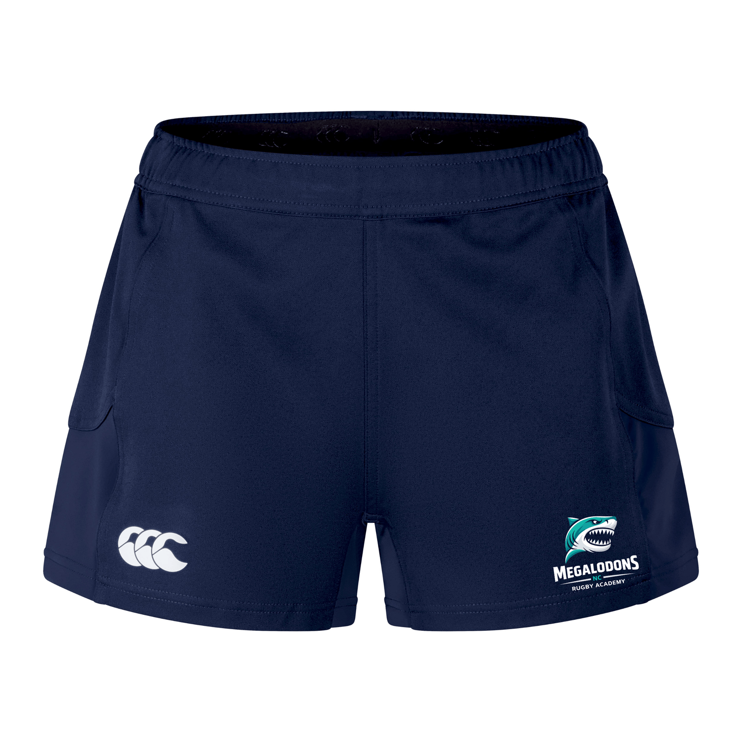 The EMB Canterbury NC Rugby Academy - Megalodons Women's Advantage Short 2.0 are navy blue sustainable rugby shorts with the Canterbury logo on the left leg and Megalodons Rugby Academy logo on the right.