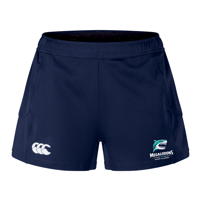 The EMB Canterbury NC Rugby Academy - Megalodons Women's Advantage Short 2.0 are navy blue sustainable rugby shorts with the Canterbury logo on the left leg and Megalodons Rugby Academy logo on the right.