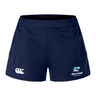 The EMB Canterbury NC Rugby Academy - Megalodons Women's Advantage Short 2.0 are navy blue sustainable rugby shorts with the Canterbury logo on the left leg and Megalodons Rugby Academy logo on the right.