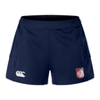 The Montgomery Bucks Griffins Women's Advantage Short 2.0 by EMB Canterbury is navy blue, with a white Canterbury logo on the left leg, a red and white lion crest on the right, and made with recycled materials for training.