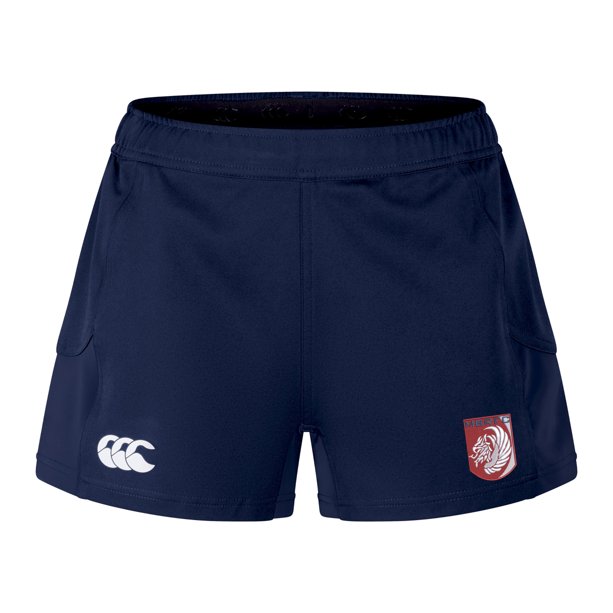 The Montgomery Bucks Griffins Women's Advantage Short 2.0 by EMB Canterbury is navy blue, with a white Canterbury logo on the left leg, a red and white lion crest on the right, and made with recycled materials for training.