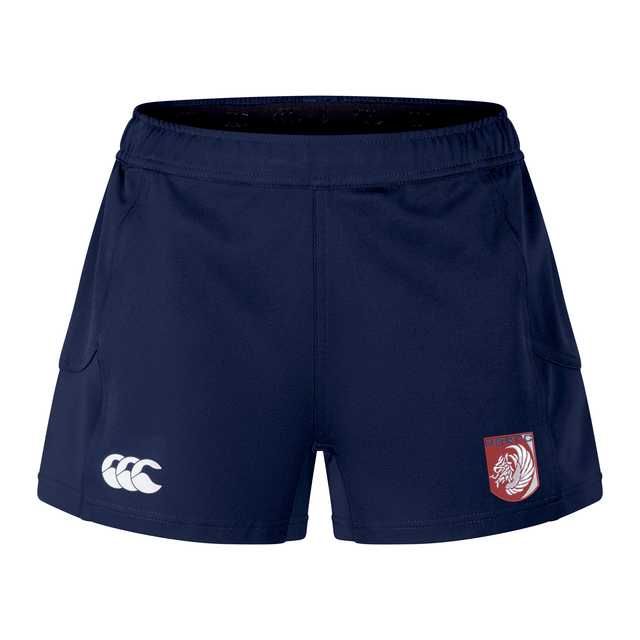 The Montgomery Bucks Griffins Women's Advantage Short 2.0 by EMB Canterbury is navy blue, with a white Canterbury logo on the left leg, a red and white lion crest on the right, and made with recycled materials for training.