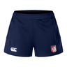 The Montgomery Bucks Griffins Women's Advantage Short 2.0 by EMB Canterbury is navy blue, with a white Canterbury logo on the left leg, a red and white lion crest on the right, and made with recycled materials for training.