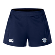 The Milwaukee Barbarians Rugby Women's Advantage Short 2.0 by EMB Canterbury is a navy blue sustainable athletic short, featuring a white Canterbury logo on the left leg and a team crest on the right.