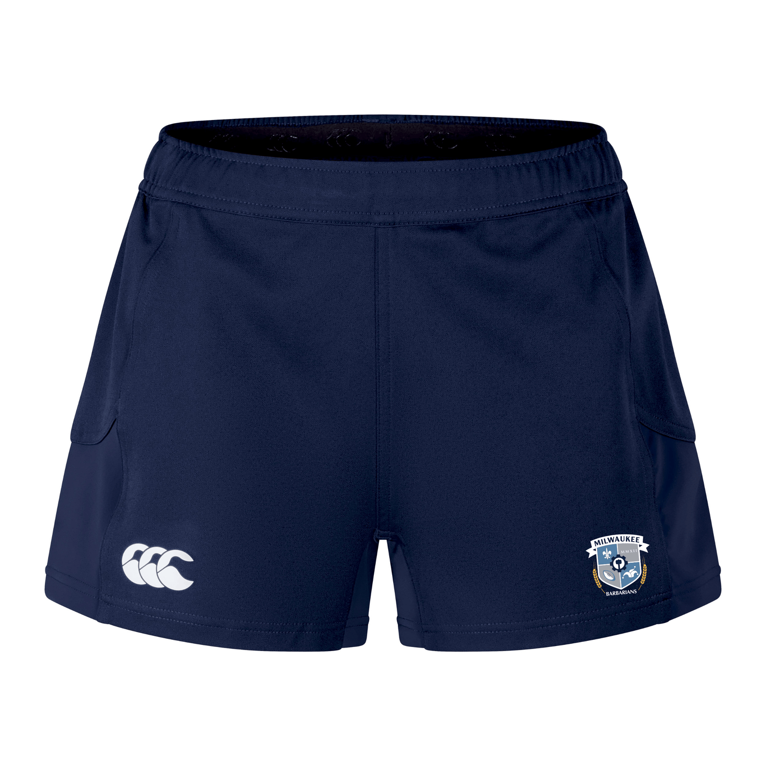 The Milwaukee Barbarians Rugby Women's Advantage Short 2.0 by EMB Canterbury is a navy blue sustainable athletic short, featuring a white Canterbury logo on the left leg and a team crest on the right.
