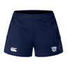 The Milwaukee Barbarians Rugby Women's Advantage Short 2.0 by EMB Canterbury is a navy blue sustainable athletic short, featuring a white Canterbury logo on the left leg and a team crest on the right.