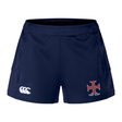 The SF CDME Rugby Women's Advantage Short 2.0 by EMB Canterbury features a navy blue design with a white Canterbury logo on the left leg and a red and white "CDME RUGBY" crest on the right leg. Crafted from recycled content sportswear materials, these sustainable athletic shorts offer enhanced performance and eco-friendly comfort.